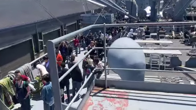 Attendees queueing on the deck of the SS Jeremiah O'Brien Liberty Ship.