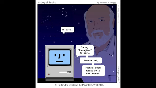 Cartoon depicting Jef Raskin as "biological father" of the Macintosh