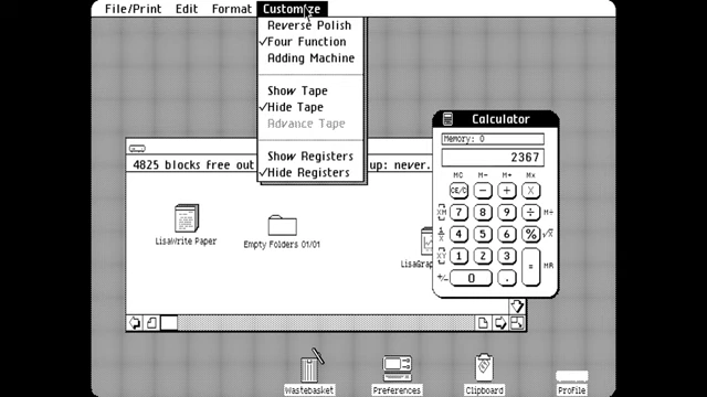 Apple Lisa pull-down menus and calculator