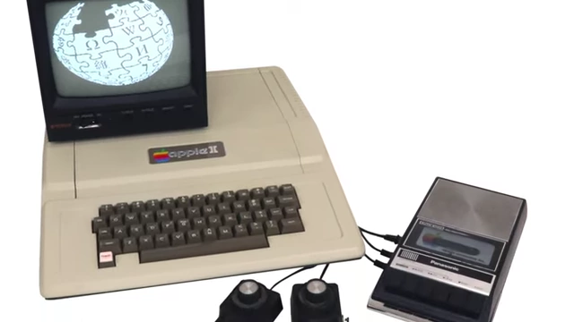 Apple II computer connected to a cassette recorder for storage