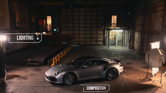 A professional indoor car shoot with labels for 'LIGHTING' and 'COMPOSITION', emphasizing unique content creation