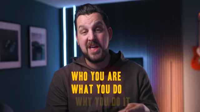 Text overlay 'WHO YOU ARE, WHAT YOU DO, WHY YOU DO IT' on the speaker, illustrating the core elements of a professional online identity
