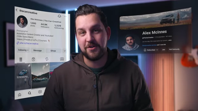 The speaker's Instagram and YouTube profiles showcasing his journey as a full-time content creator