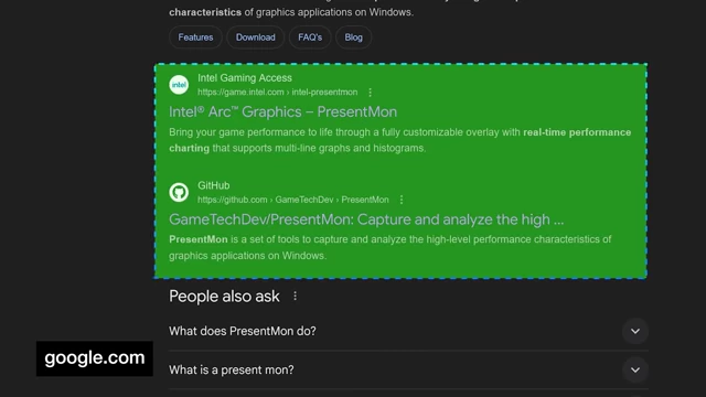 Google搜索结果，突出PresentMon的官方下载来源
