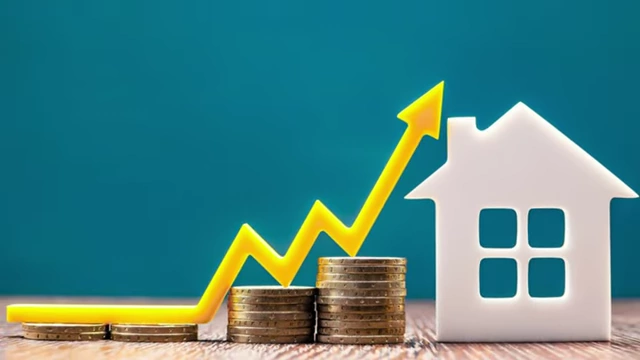 Graphic depicting rising house prices with an upward arrow and stacks of coins