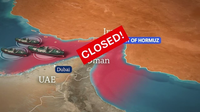 Map showing the Strait of Hormuz with a "CLOSED!" stamp, indicating an energy shock