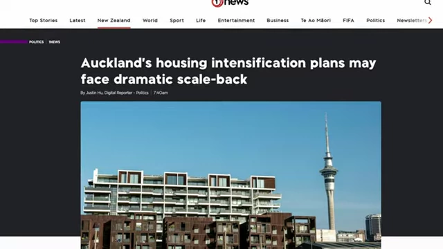 1 News article on Auckland's scaled-back housing intensification plans