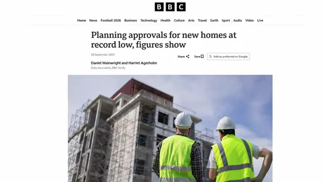 BBC article reporting record low planning approvals for new homes in the UK