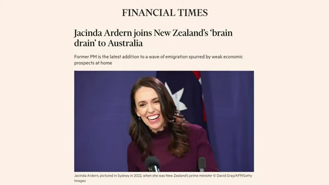 Financial Times article reporting Jacinda Ardern joining New Zealand's "brain drain."