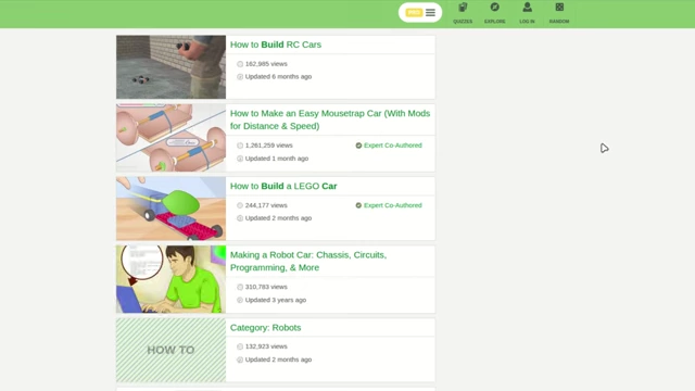 A WikiHow search result page for "How to Build a Car," showing simple guides like "Build RC Cars" rather than complex engineering.