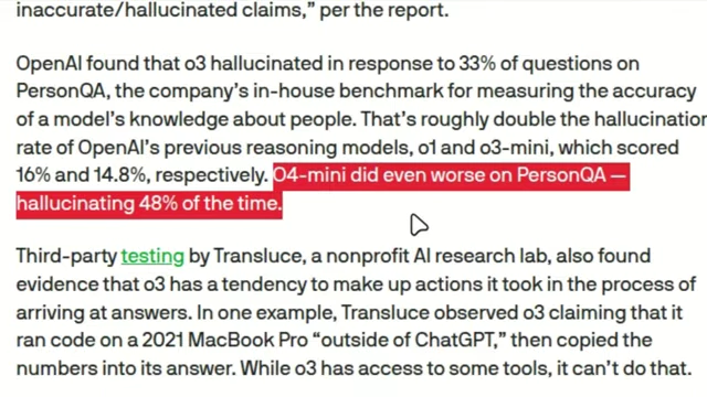 A highlighted section from an article detailing an OpenAI study, which found that the O4-mini model hallucinated 48% of the time.