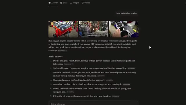 An AI search engine's response to "how to build an engine," showing a basic process overview and links to external resources rather than a detailed guide.
