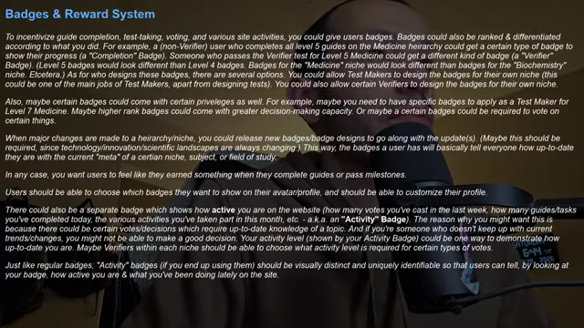 Text detailing a proposed "Badges & Reward System" for the B.L.U.E. System, designed to incentivize user participation in guide completion, testing, and voting.
