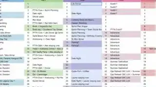 A detailed calendar spreadsheet with many entries, implying a busy schedule