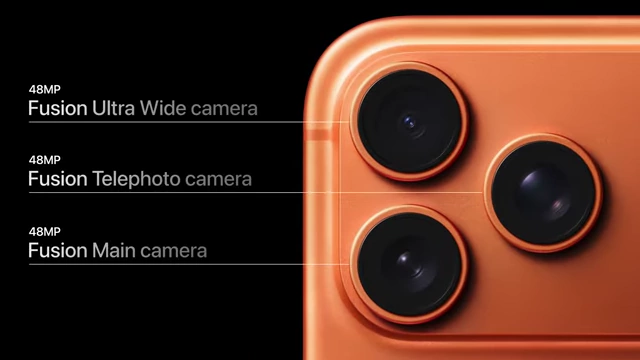 The iPhone 17 Pro's triple 48MP camera system, including Fusion Ultra Wide, Telephoto, and Main cameras.