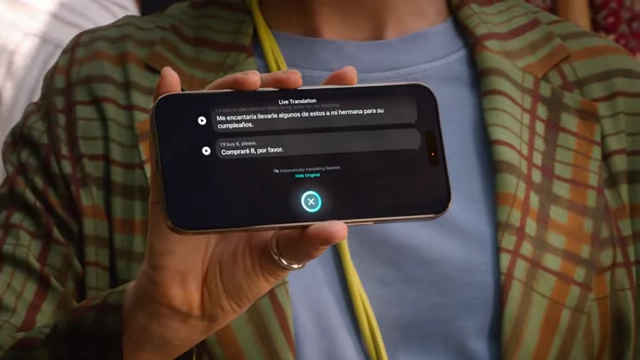 The live translation feature displayed on an iPhone, showing translated conversation.