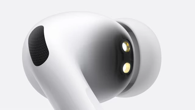 Close-up of the heart rate sensing technology integrated into the AirPods Pro 3 earbuds.
