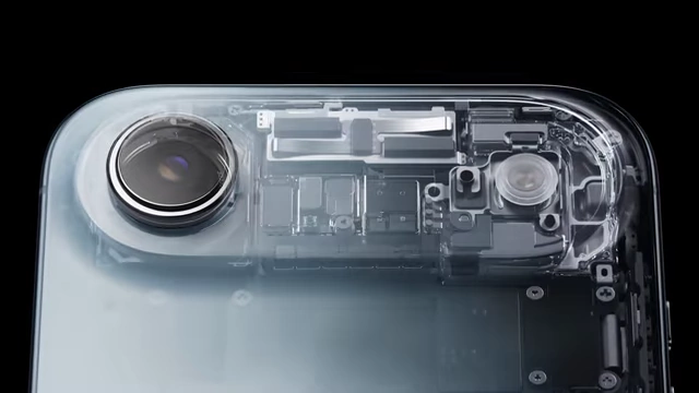 An x-ray view showing the internal hardware layout of the iPhone Air's camera system.