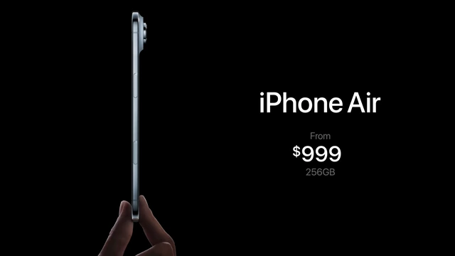 Pricing for the iPhone Air, starting at $999, emphasizing its slim profile.