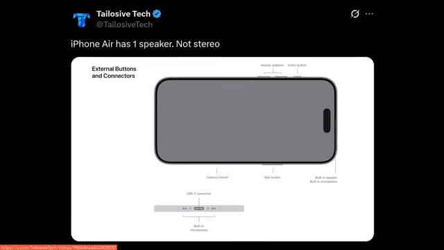 A diagram illustrating that the iPhone Air has a single amplified earpiece speaker, lacking stereo sound.