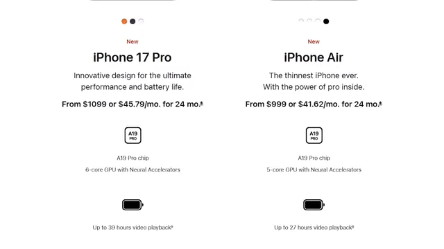 A comparison between the iPhone 17 Pro and iPhone Air, highlighting differences in GPU cores and battery life.