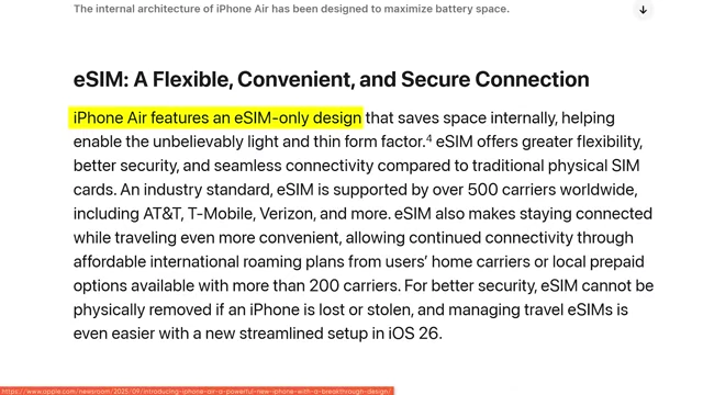 Text describing the iPhone Air as an eSIM-only device, detailing its benefits and implications.