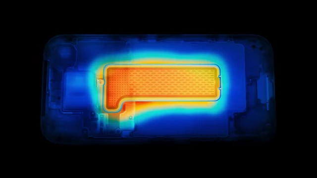 A thermal image showing the vapor chamber cooler inside the iPhone 17 Pro/Pro Max dissipating heat.