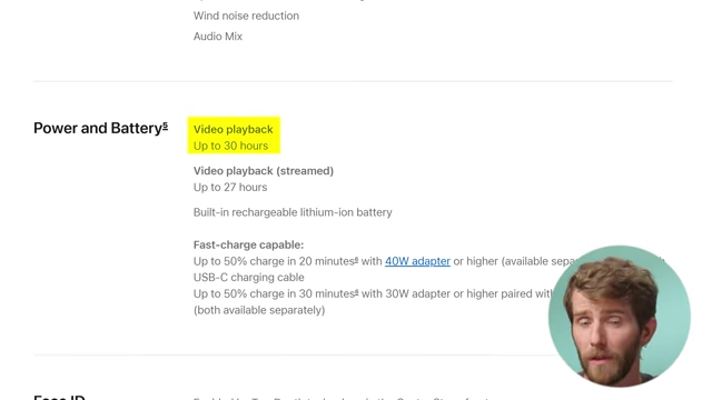 Specifications for the iPhone 17's power and battery, including video playback time and fast charging capabilities.