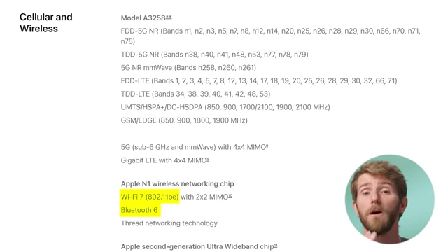 Cellular and wireless specifications for the iPhone 17, highlighting Wi-Fi 7 and Bluetooth 6.