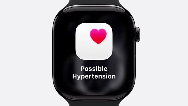 A notification screen on the Apple Watch indicating "Possible Hypertension."