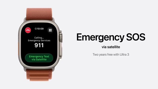 A screen showing "Emergency SOS via satellite" on the Apple Watch, with call and text options.