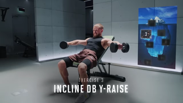Man seated on an incline bench set at a 20-30 degree angle for Y-raises