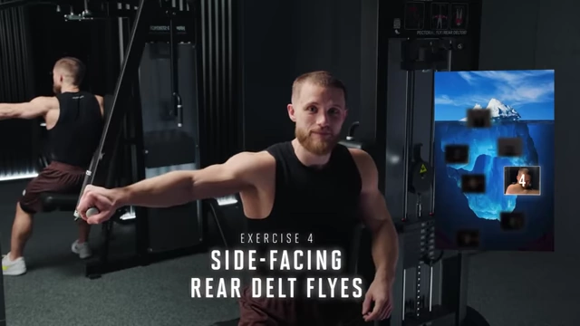 Man performing a side-facing one-arm rear delt fly on a pec deck machine