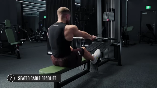 Man demonstrating the Seated Cable Deadlift during the lifting phase