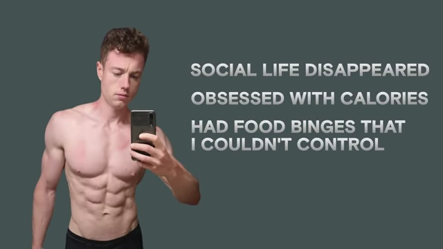 The speaker at 10% body fat, with text overlays listing the negative impacts: "social life disappeared," "obsessed with calories," and "had food binges that I couldn't control."