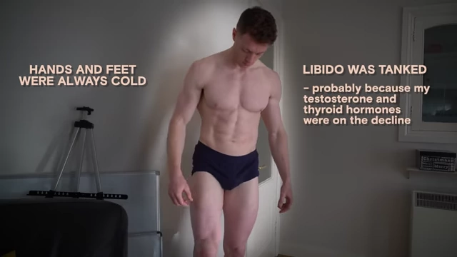 The speaker at 10% body fat, with text overlays detailing physical side effects: "hands and feet were always cold" and "libido was tanked - probably because my testosterone and thyroid hormones were on the decline."