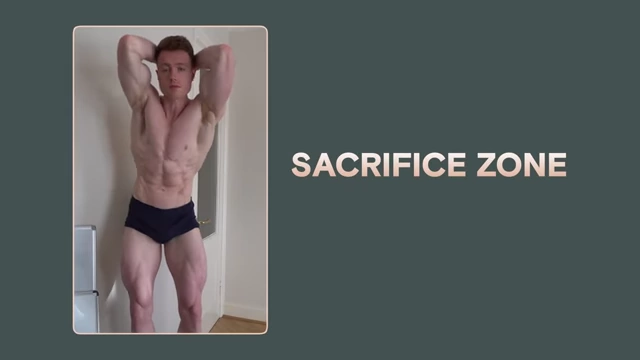 The "Sacrifice Zone" text overlaid next to the speaker showcasing a very lean physique.