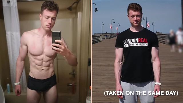 Side-by-side comparison of the speaker's 10% body fat physique, shirtless versus appearing skinny in a t-shirt.