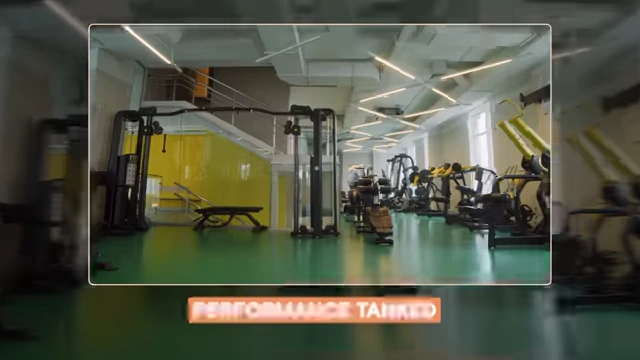 An empty gym with text "Performance tanked", illustrating the decline in the speaker's physical capabilities.