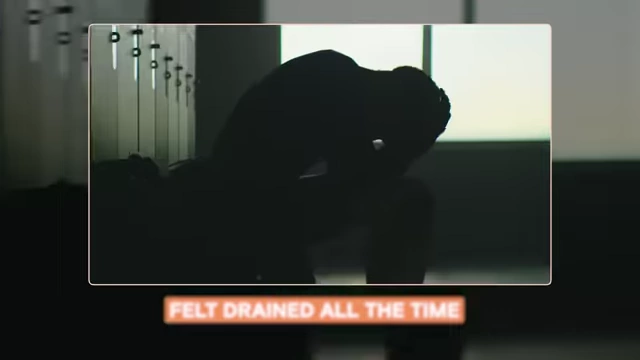 A silhouetted figure with text "Felt drained all the time", depicting the constant fatigue experienced.
