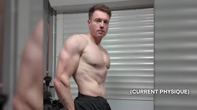 The speaker's current physique, demonstrating a healthy and maintainable body fat percentage.