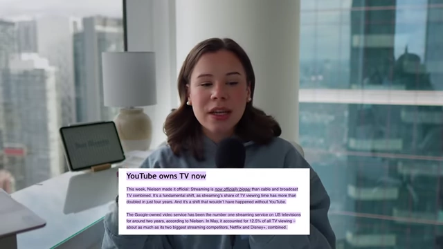 A news article headline states "YouTube owns TV now," indicating YouTube's dominance over streaming services like Disney Plus and Netflix.