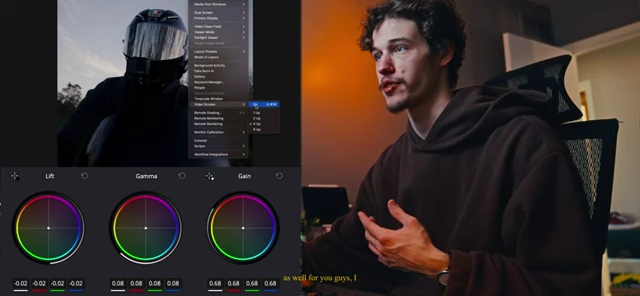 DaVinci Resolve interface showing color wheels, scopes, and a video preview for color grading