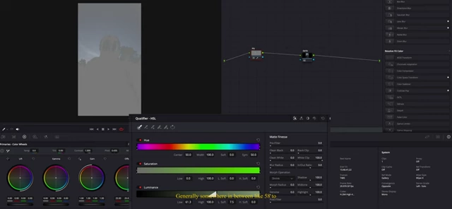 Luminance slider in DaVinci Resolve's HSL Qualifier panel used to key out bright areas for secondary adjustments.