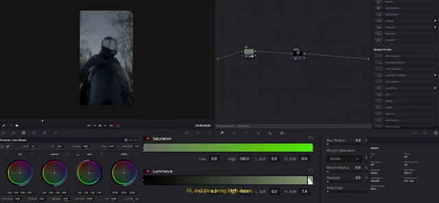 Luminance slider adjusted in DaVinci Resolve's HSL Qualifier panel to isolate dark areas for shadow recovery.