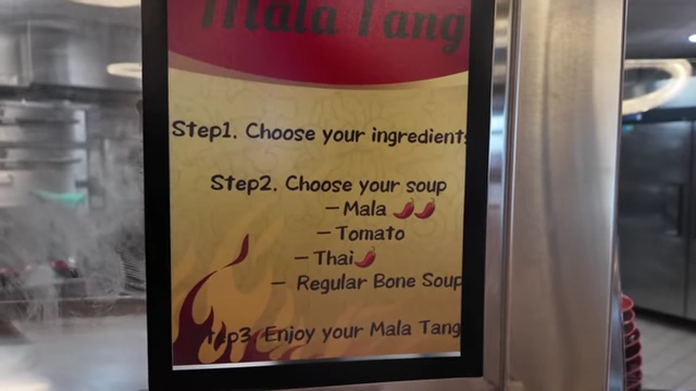 A sign detailing the three steps to creating a Malatang bowl, including soup base options.