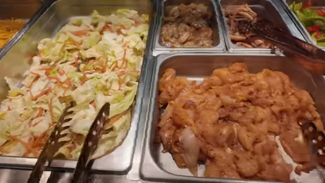 Ingredients like cabbage, chicken, shrimp, and octopus for the Teppanyaki/BBQ station.