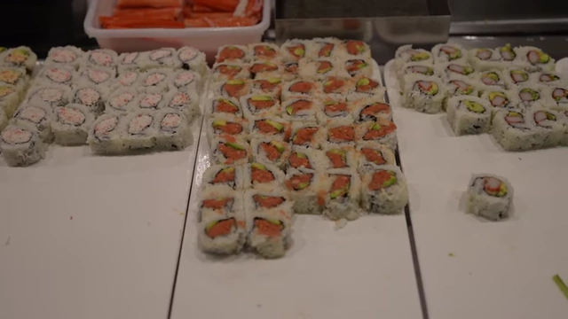 Spicy tuna rolls on display.