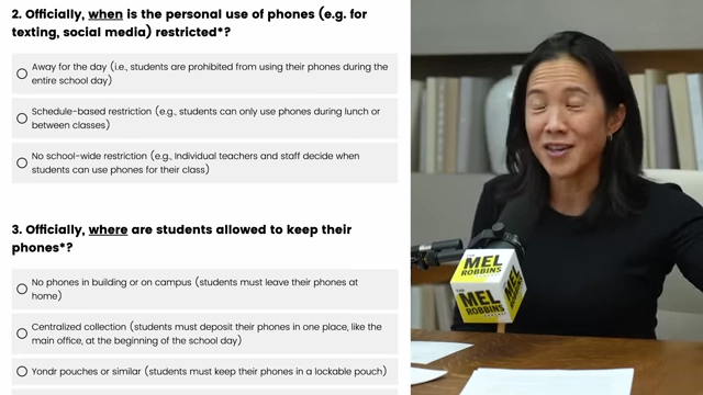 Survey questions regarding school cell phone policies and student phone usage.