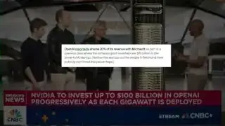 A text overlay on a news screen states that OpenAI will share 20% of its revenue with Microsoft as part of a previous deal, highlighting its commercialization.